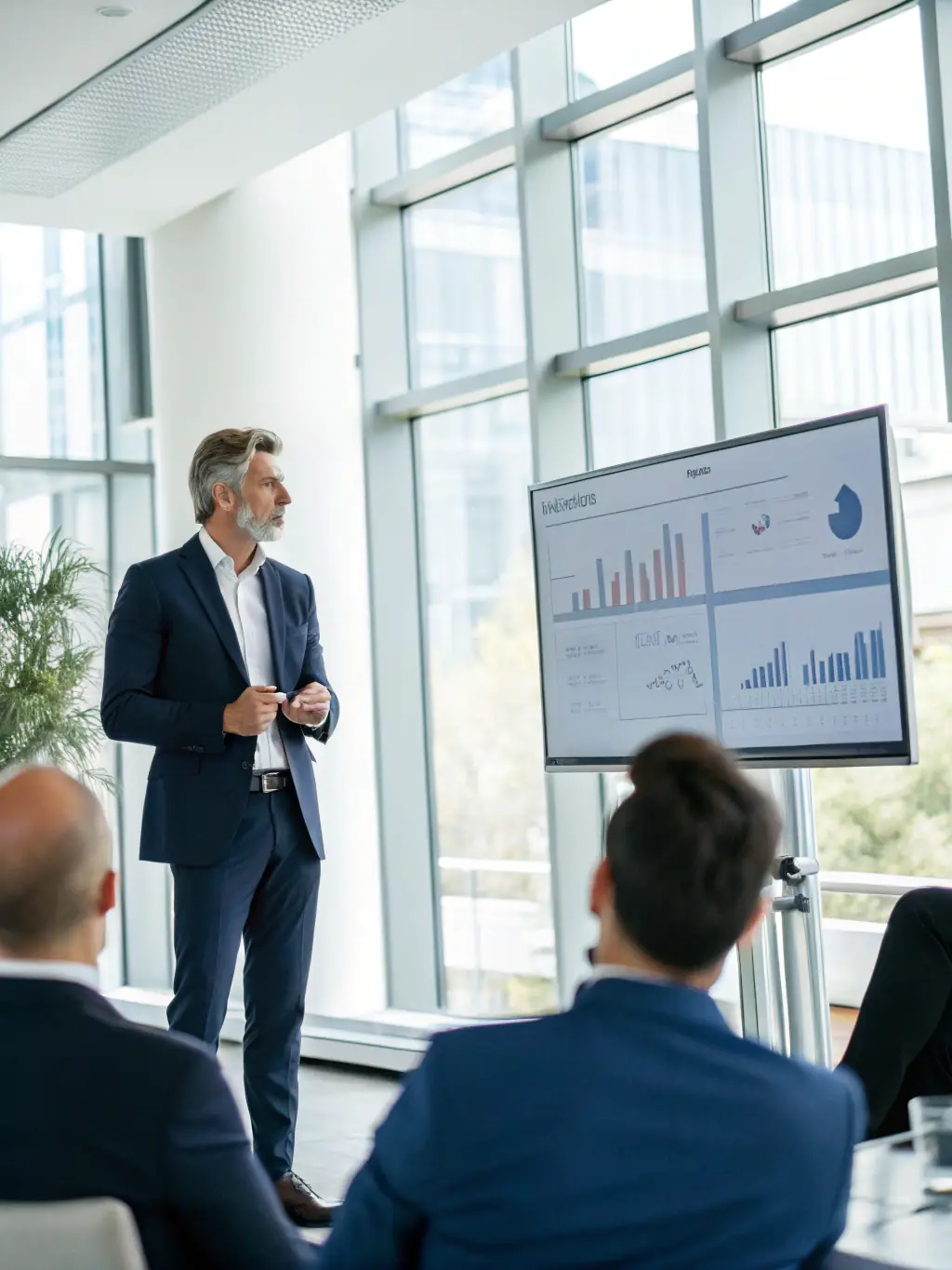 A consultant in a suit, standing in front of a whiteboard covered in AI-related diagrams and flowcharts, explaining a strategic AI roadmap to a team of professionals in a modern office setting. The image should convey expertise and clarity.