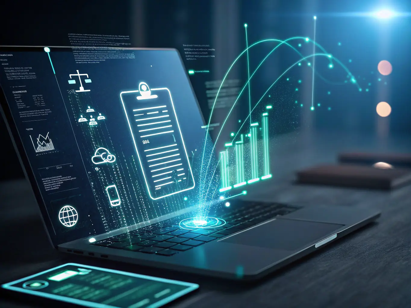 A digital illustration depicting an AI-powered intake system for a law firm, showing automated data entry and client information processing, with a modern, clean interface.