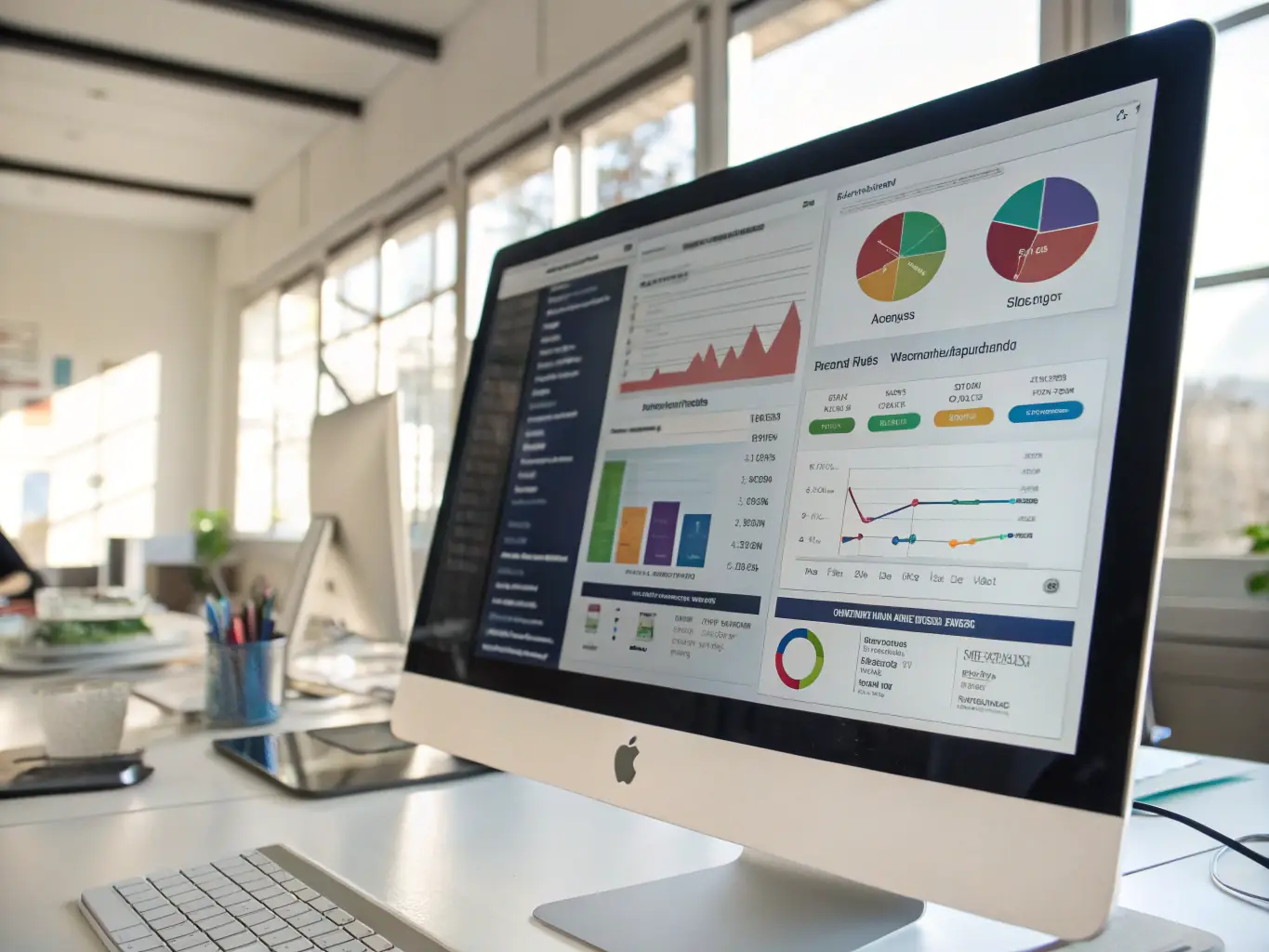 A professional services firm using AI-powered analytics to identify trends and insights from client data, displayed on a dashboard with charts and graphs.