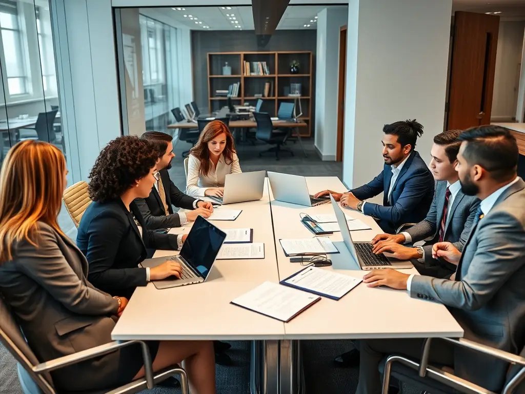 A group of lawyers collaborating on a project in a modern office, using digital tools and whiteboards, showcasing teamwork and development.