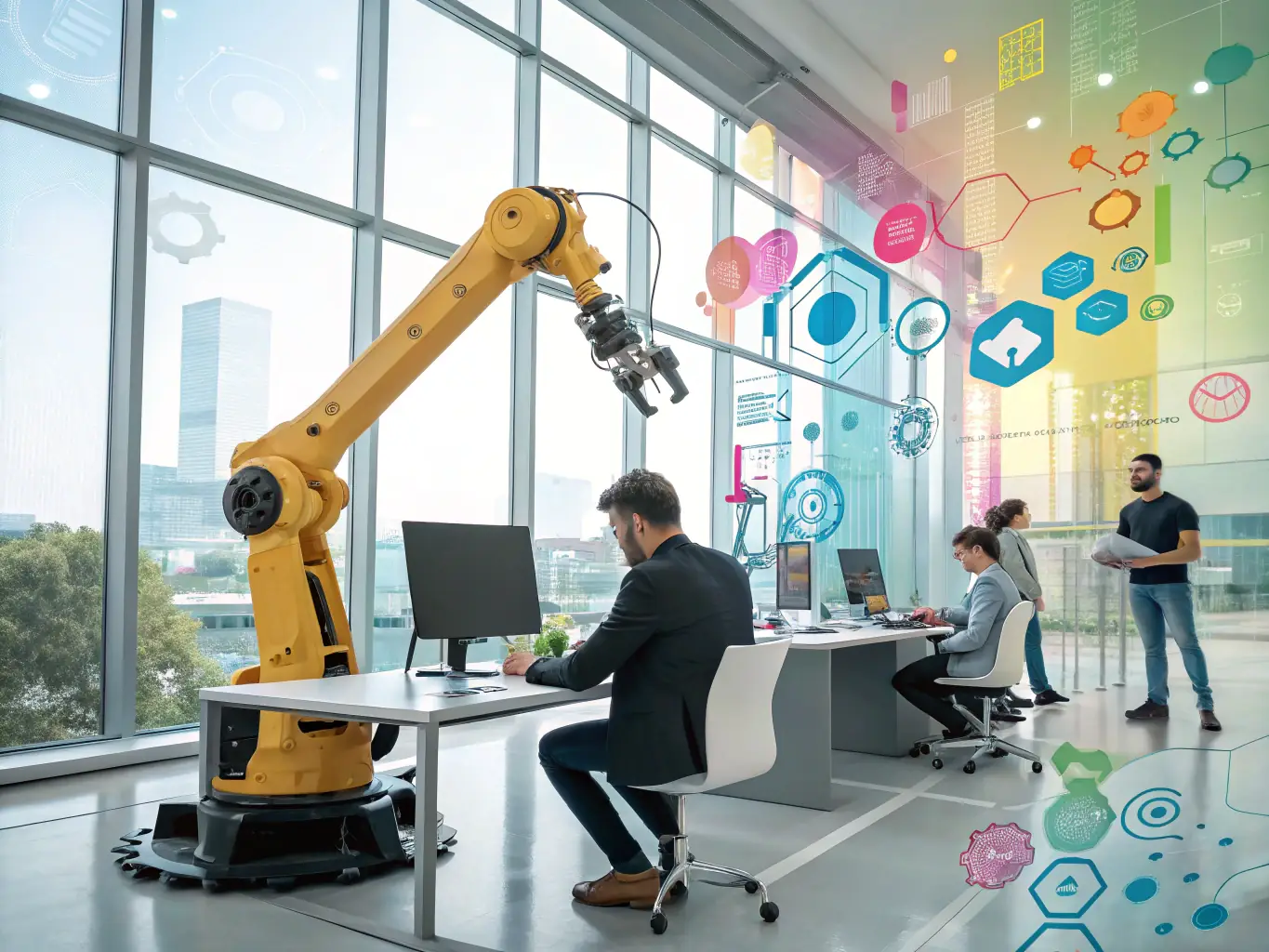 A digital illustration depicting a robotic arm efficiently organizing files and documents in an office setting, symbolizing the reduction of administrative tasks through AI.