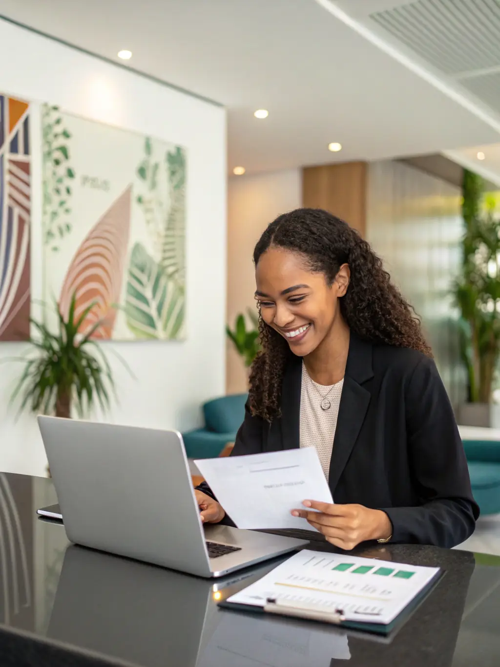 A professional financial advisor using an AI-powered dashboard to analyze client portfolios and identify potential investment opportunities, showcasing improved organization.