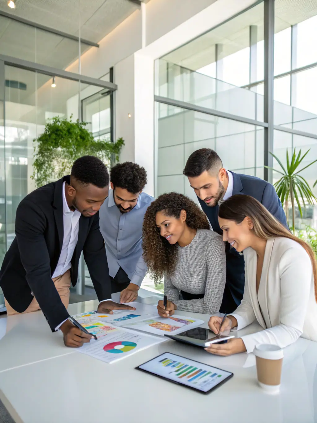 A strategic planning meeting with advisors around a table, reviewing charts and graphs, symbolizing the forward-thinking approach to long-term family goals.