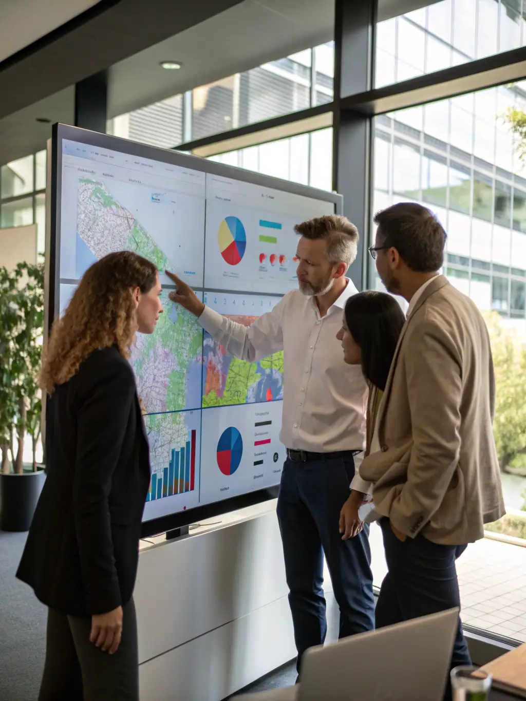 A team of analysts collaborating on a workflow diagram, using digital tools to identify bottlenecks and inefficiencies in a client's operational processes.