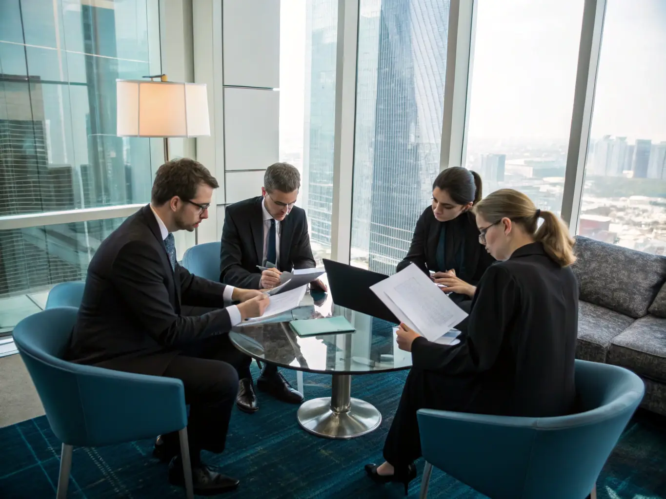 A brightly lit, modern law office with lawyers collaborating around a table, reviewing documents and discussing strategy, symbolizing improved efficiency and teamwork.