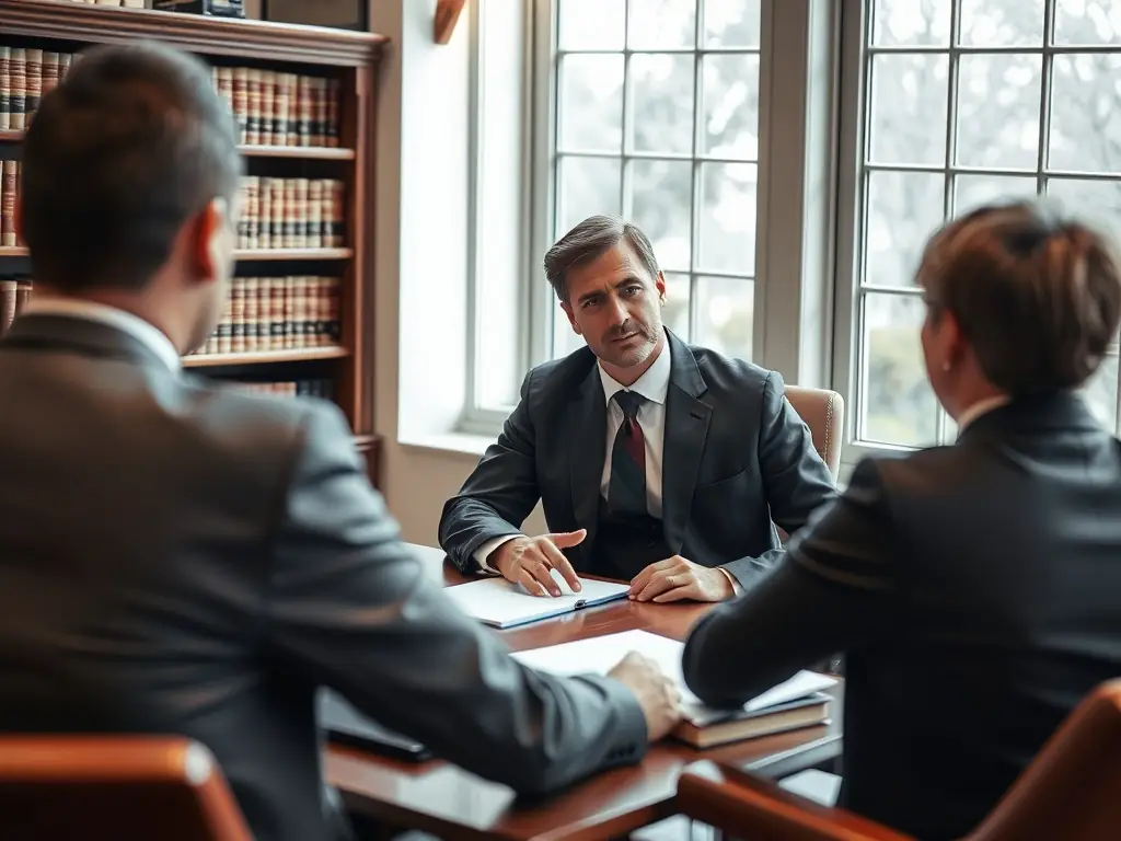 A senior partner mentoring a junior associate in a law firm library, surrounded by legal books and documents, representing guidance and accountability.