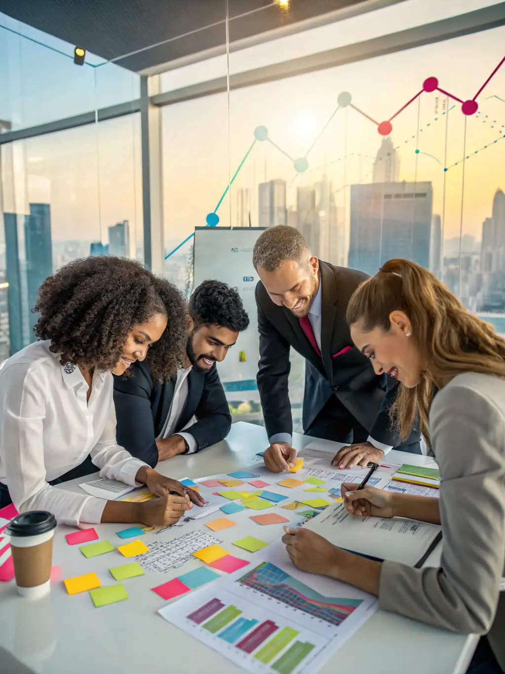 A photograph of a diverse team of financial advisors collaborating in a modern office setting, symbolizing coordinated strategic guidance.