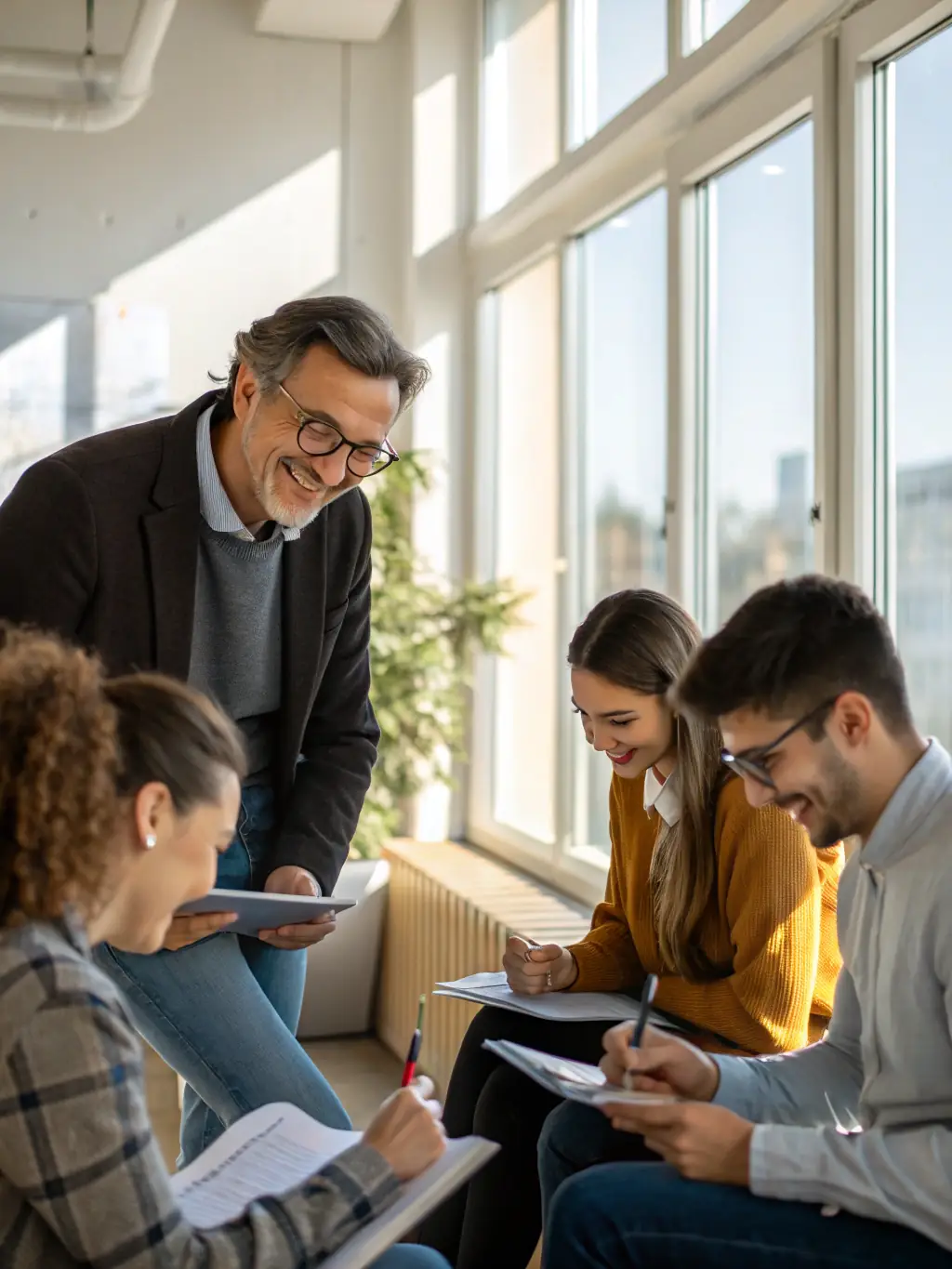 A photograph of a family business owner mentoring their child in a modern office setting, symbolizing operational continuity and succession planning.
