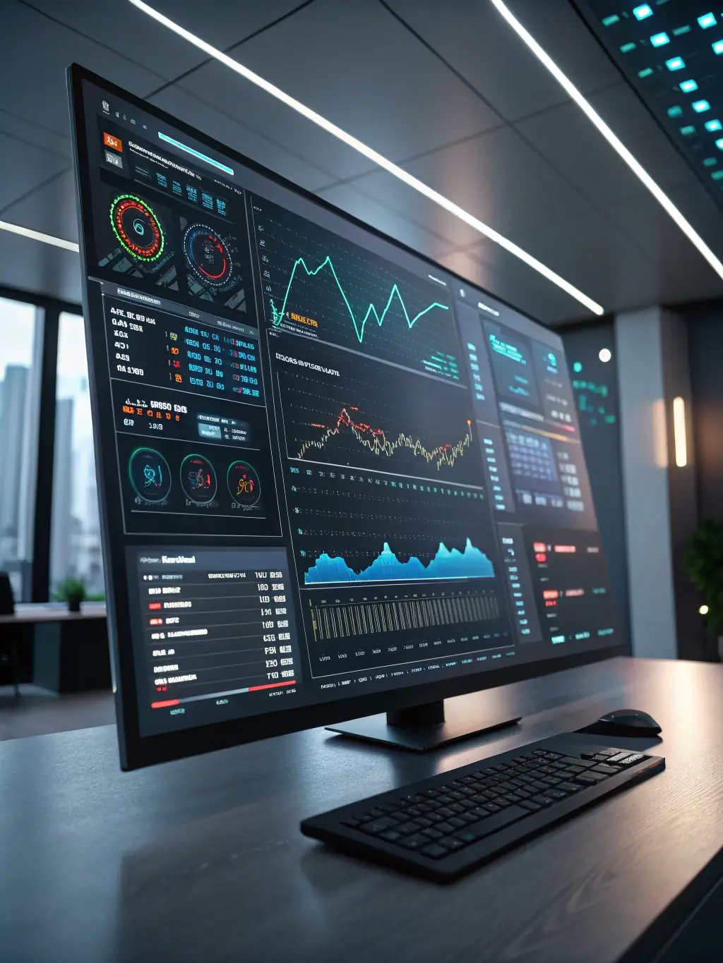 A futuristic interface displaying AI algorithms optimizing a complex workflow, with data streams and predictive analytics visualized.