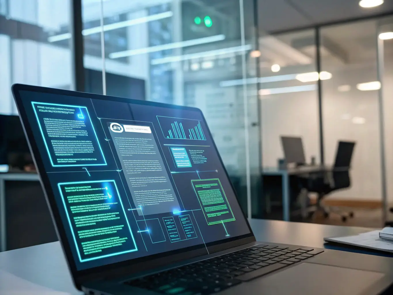 An image showcasing AI-assisted administrative systems, highlighting features such as automated scheduling, document management, and task prioritization in a law firm environment.