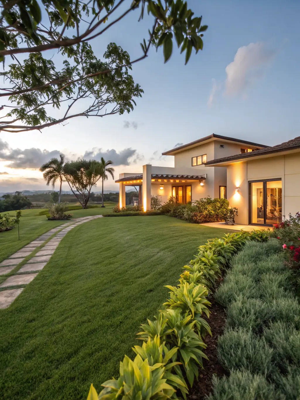 A stately home with manicured gardens, symbolizing wealth and legacy, photographed at golden hour to evoke a sense of timelessness and security.