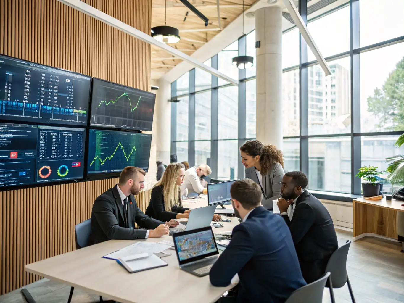 An image of a diverse team of financial experts collaborating around a large interactive screen displaying AI-generated insights. The scene conveys a sense of teamwork and innovation.
