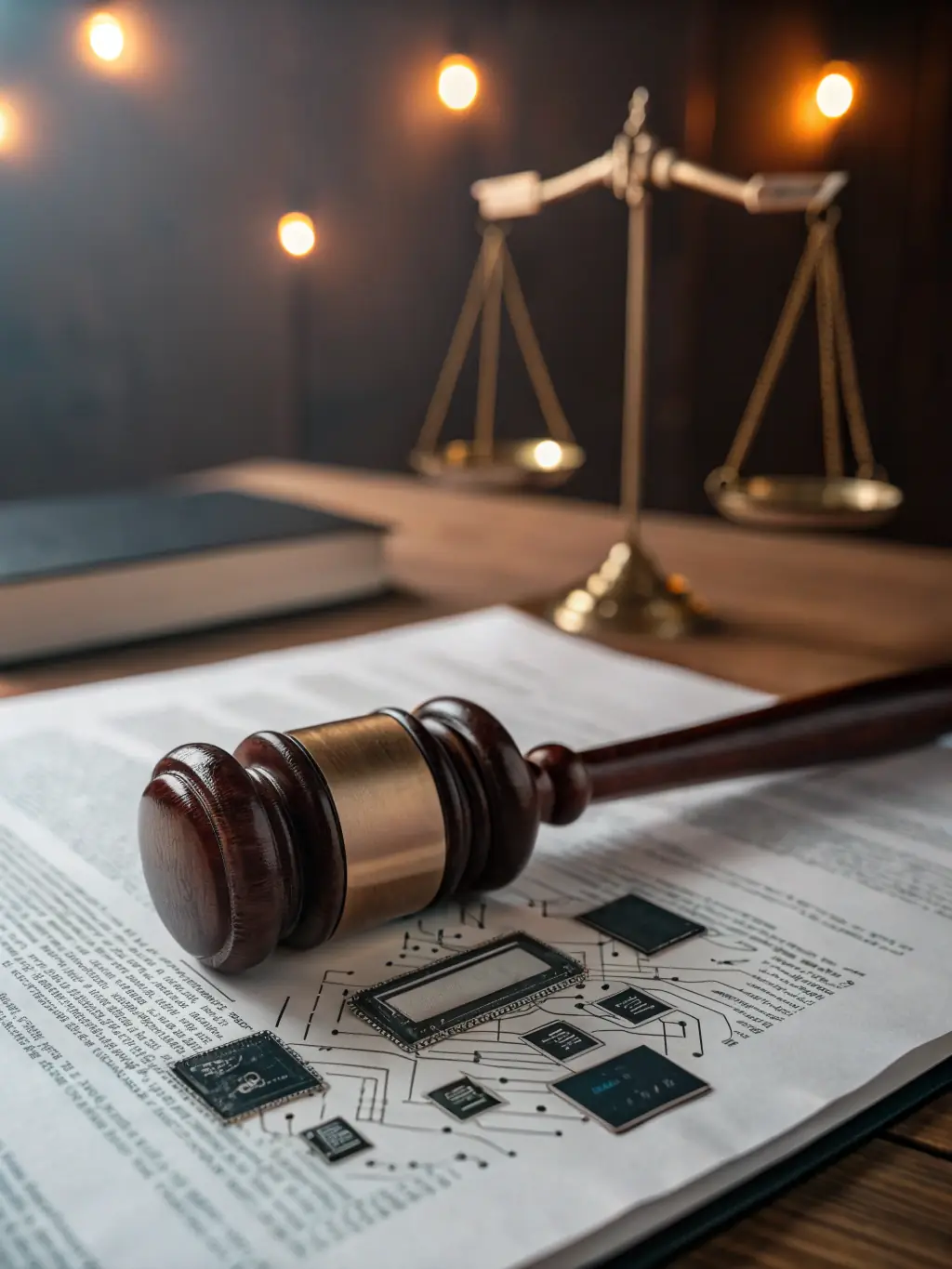 A visually striking image depicting a courtroom scene with AI elements, symbolizing legal risks associated with AI in professional firms. The image should convey a sense of complexity and potential liability.