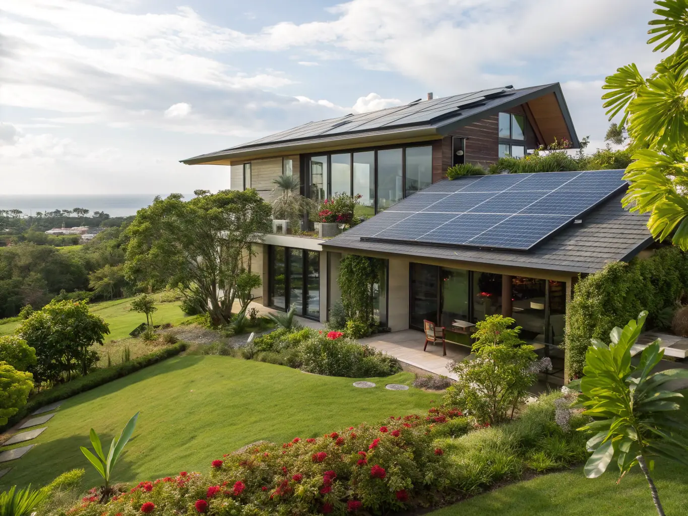 A contemporary, eco-friendly luxury home in Austin, Texas, with solar panels and a rainwater harvesting system, reflecting the growing market for sustainable luxury properties.