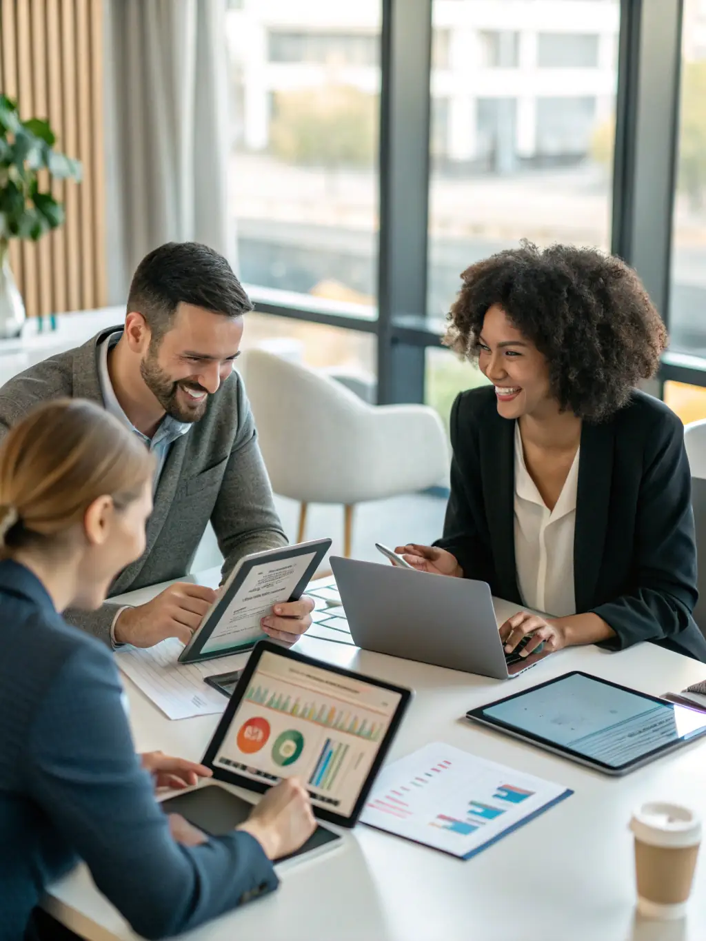 A diverse team of business professionals collaborating around a large interactive screen displaying AI-driven analytics and strategic insights, in a modern office setting, emphasizing data-driven decision-making.