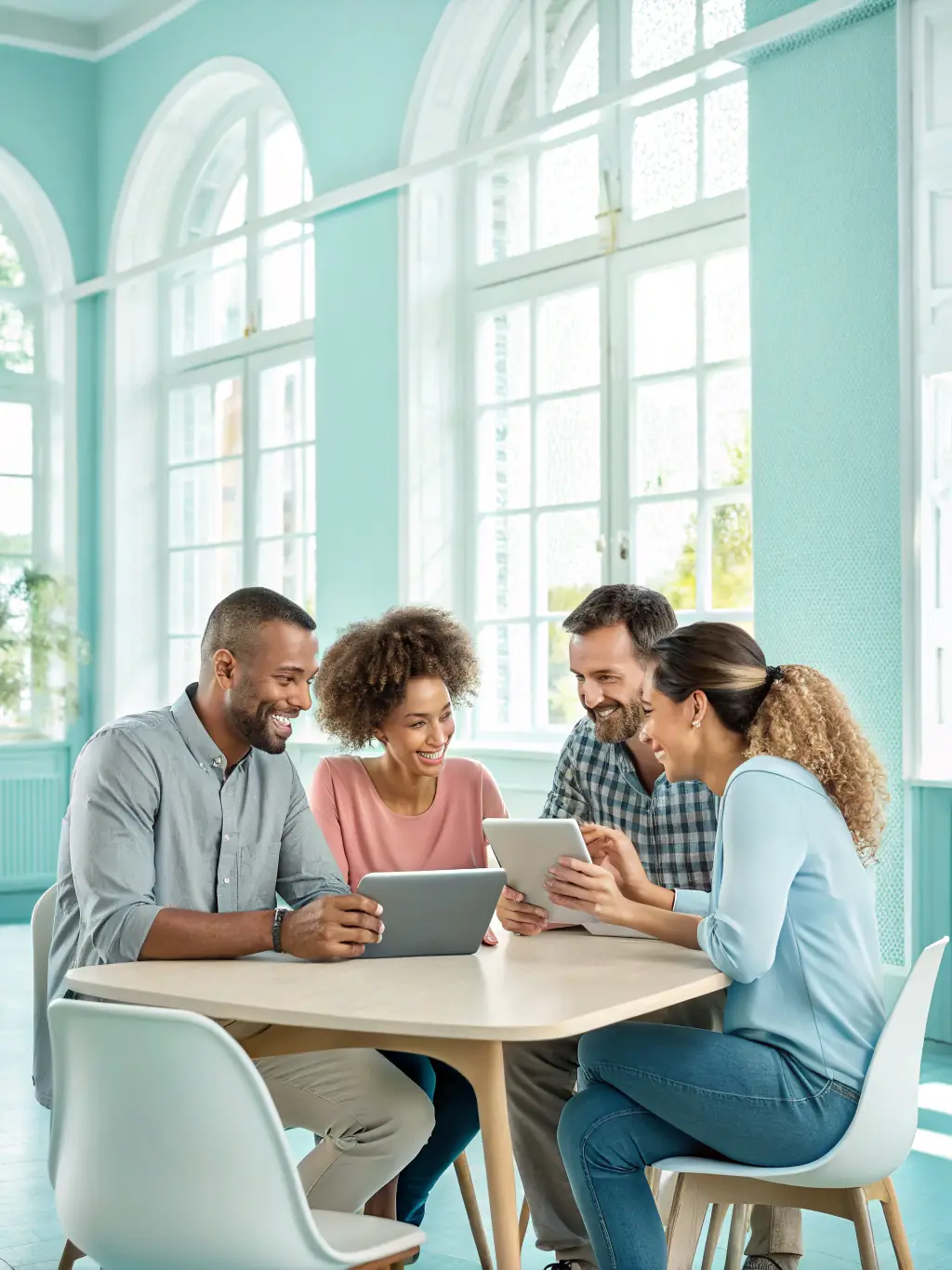 A diverse group of clients interacting positively with a law firm's AI-powered chatbot on their mobile devices, illustrating improved client communication.
