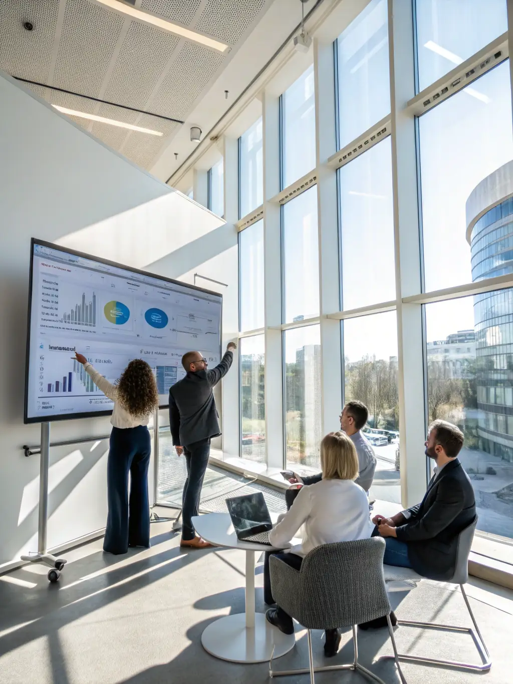A brightly lit, modern office space with people collaborating around a large digital display showcasing operational data and workflow diagrams.