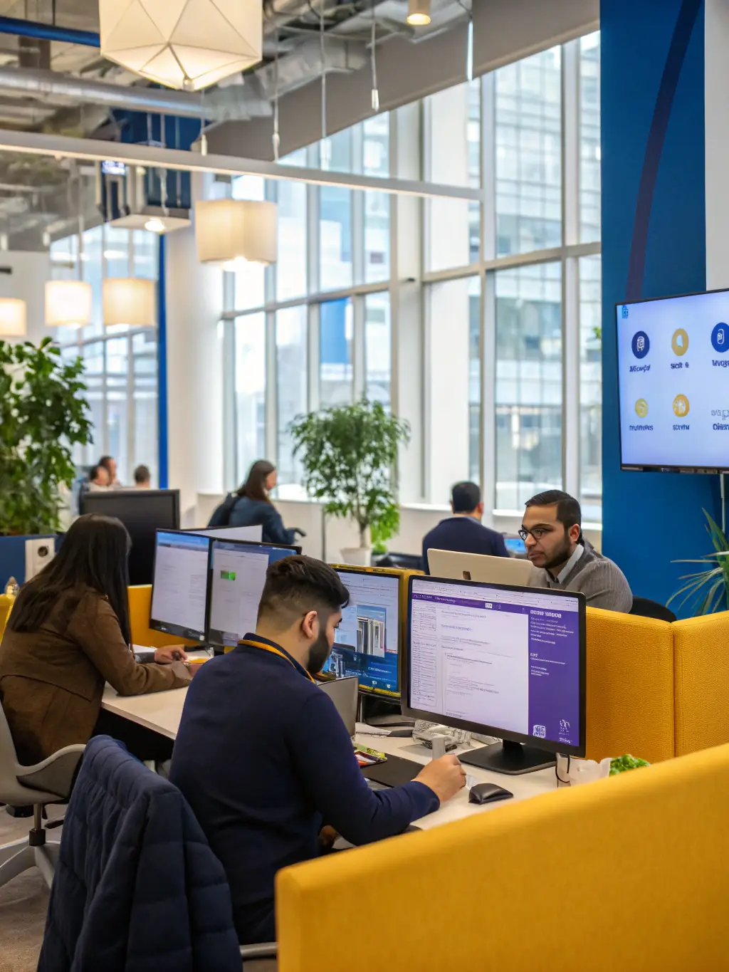 A stock photo showing a modern office environment where AI-powered systems are managing administrative tasks, with employees focusing on higher-level activities.