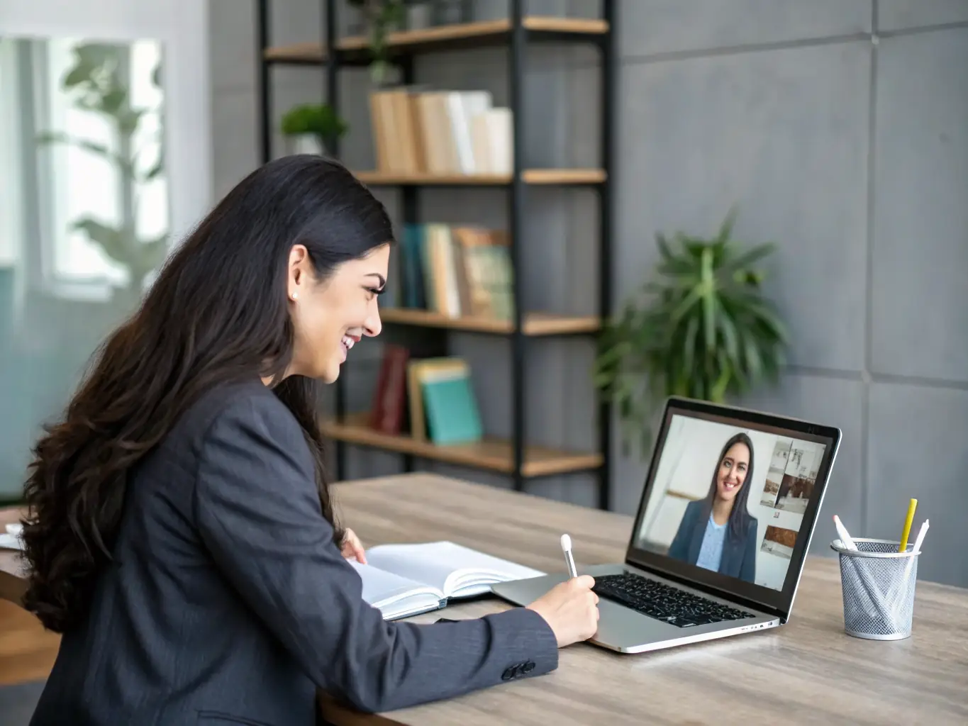 A professional interacting with a client through a virtual meeting, with AI-powered tools providing real-time translation and personalized recommendations.