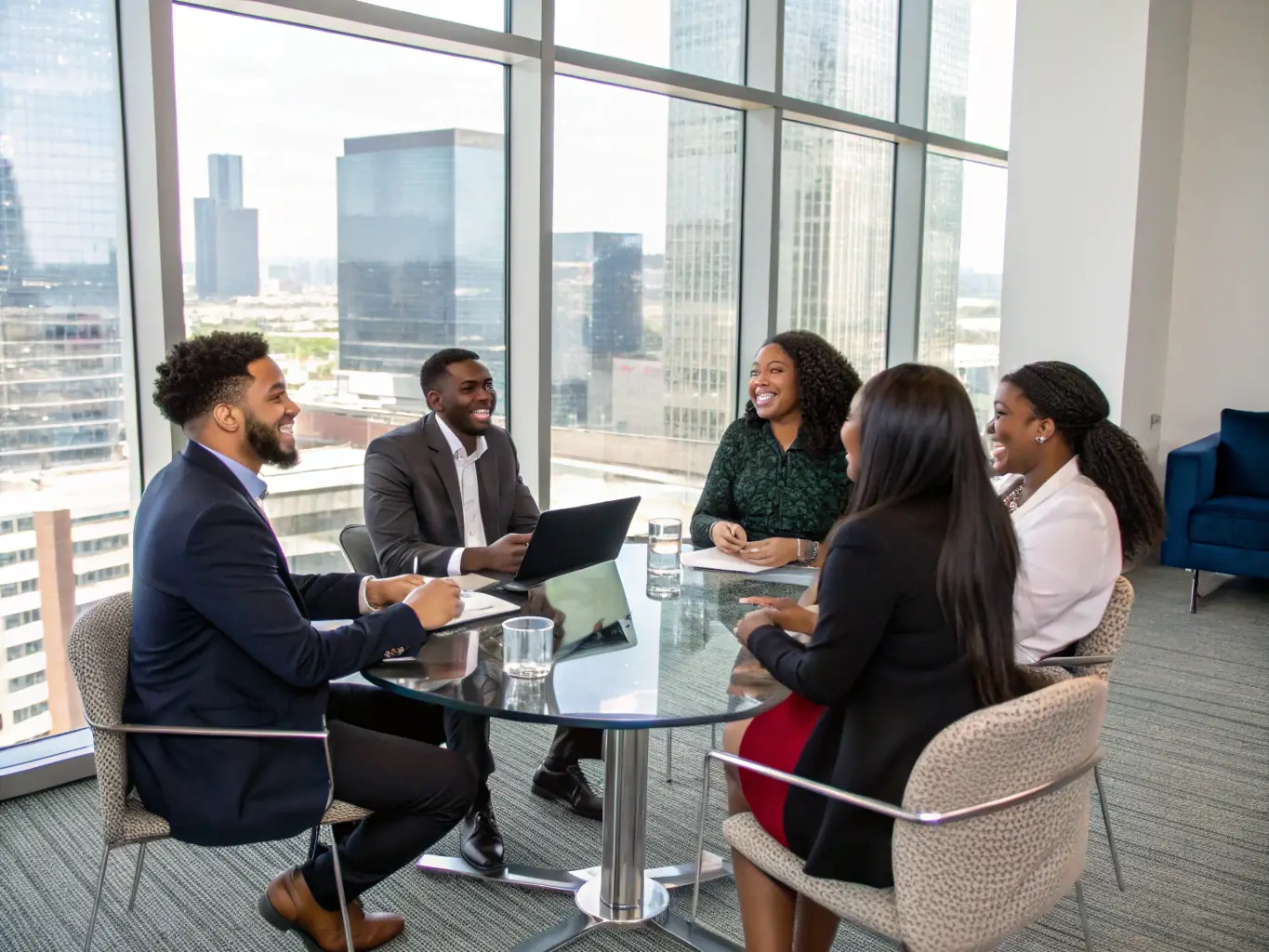 A dynamic image of a business meeting, with diverse professionals collaborating around a table. The atmosphere should be energetic and innovative, reflecting strategic problem-solving.