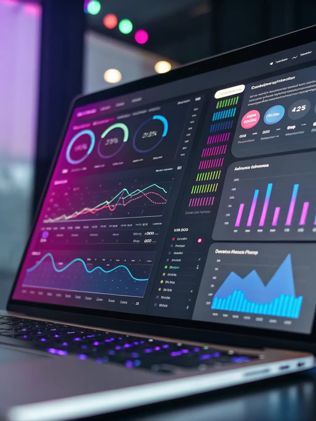 A digital illustration depicting a data analytics dashboard displaying key performance indicators (KPIs) for a law firm, highlighting data-driven decision-making.