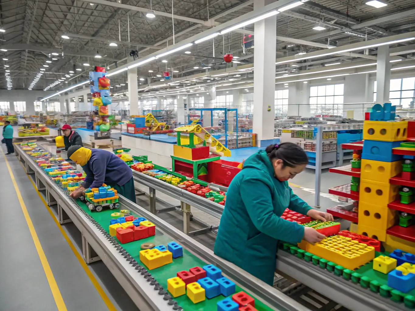 A digital illustration depicting a factory assembly line with robots working efficiently, showcasing improved operational efficiency through AI.