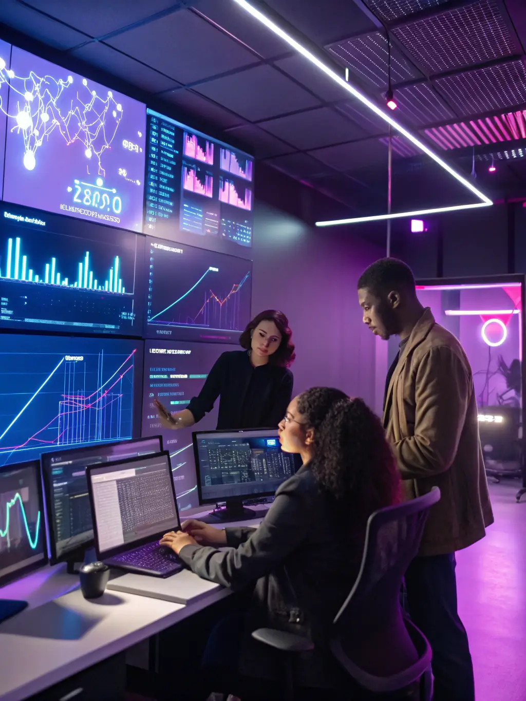 A modern office space with advanced technology and data visualizations, symbolizing the modernization of operational processes.
