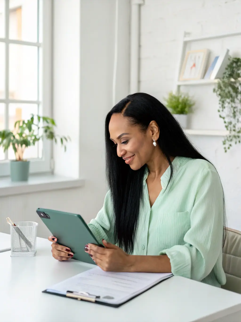 A digital illustration depicting an AI assistant seamlessly managing client intake forms on a tablet, with satisfied clients in the background.