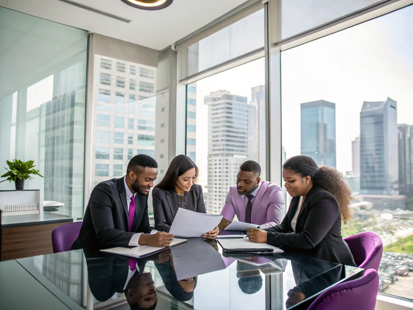 A professional legal team collaborating around a digital interface, reviewing AI-driven insights and making strategic decisions, emphasizing the blend of human expertise and artificial intelligence in legal practice.