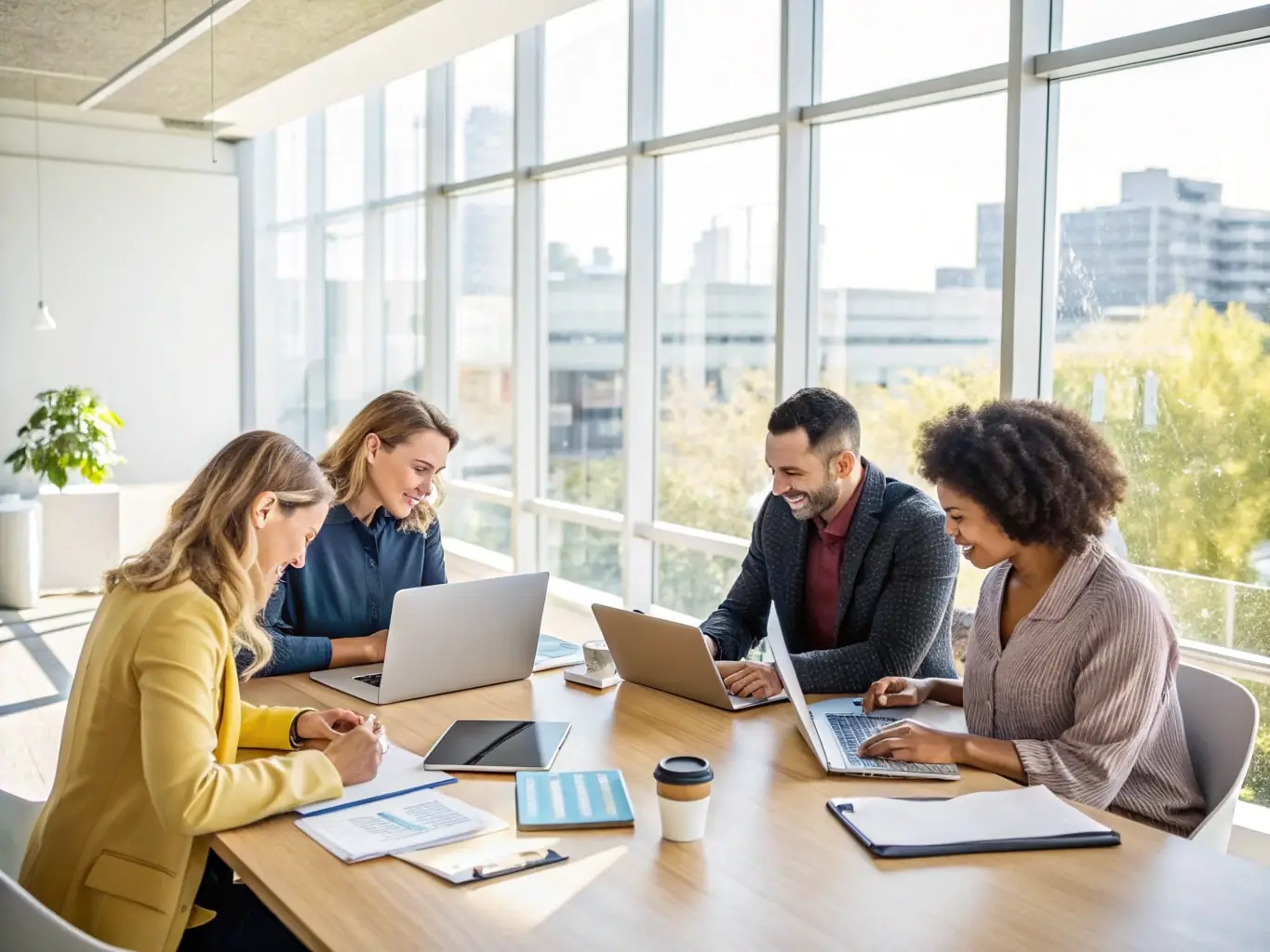 A dynamic office environment with professionals collaborating, symbolizing the business operations support offered by ARH Global Advisors.