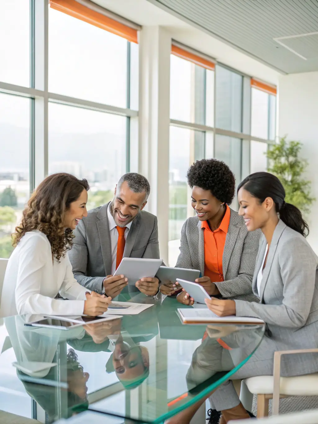 A high-resolution image depicting a diverse team of financial advisors collaborating in a modern office setting, symbolizing wealth management expertise.