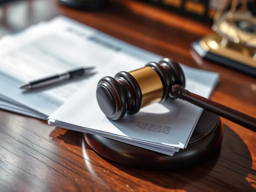 A gavel resting on legal documents, symbolizing the legal and court-related aspects of probate real estate. The image conveys the importance of compliance and accuracy in these transactions.