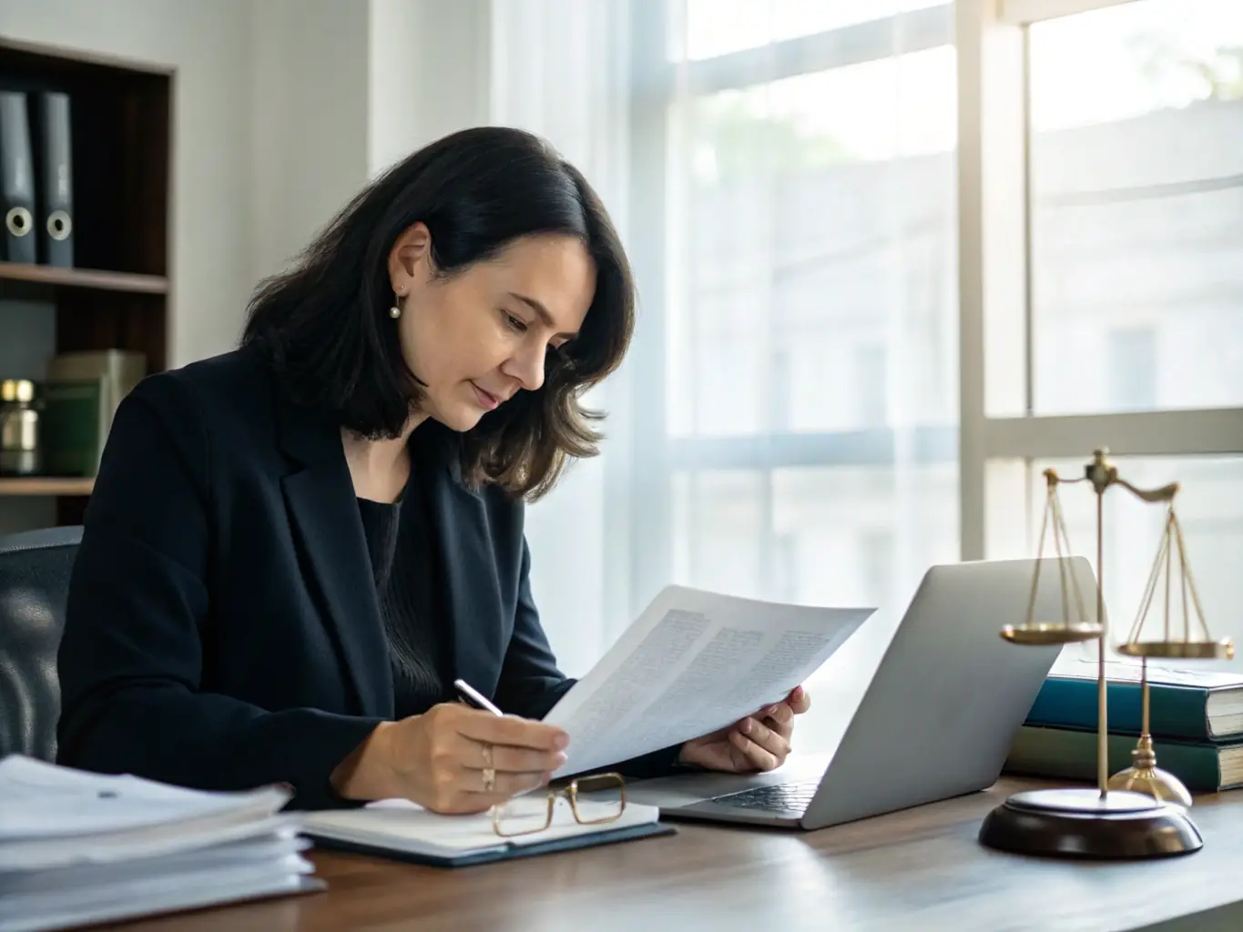 A professional lawyer in a modern office setting, reviewing documents and discussing strategy with a team, symbolizing strategic planning and operational oversight.