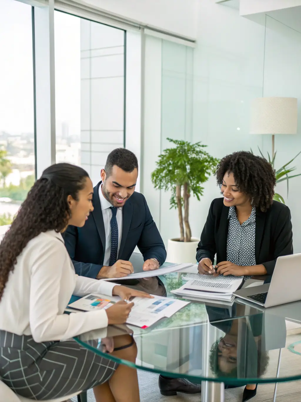 A diverse team of financial experts collaborating in a modern office, symbolizing the collective intelligence and experience of ARH Global Advisors.
