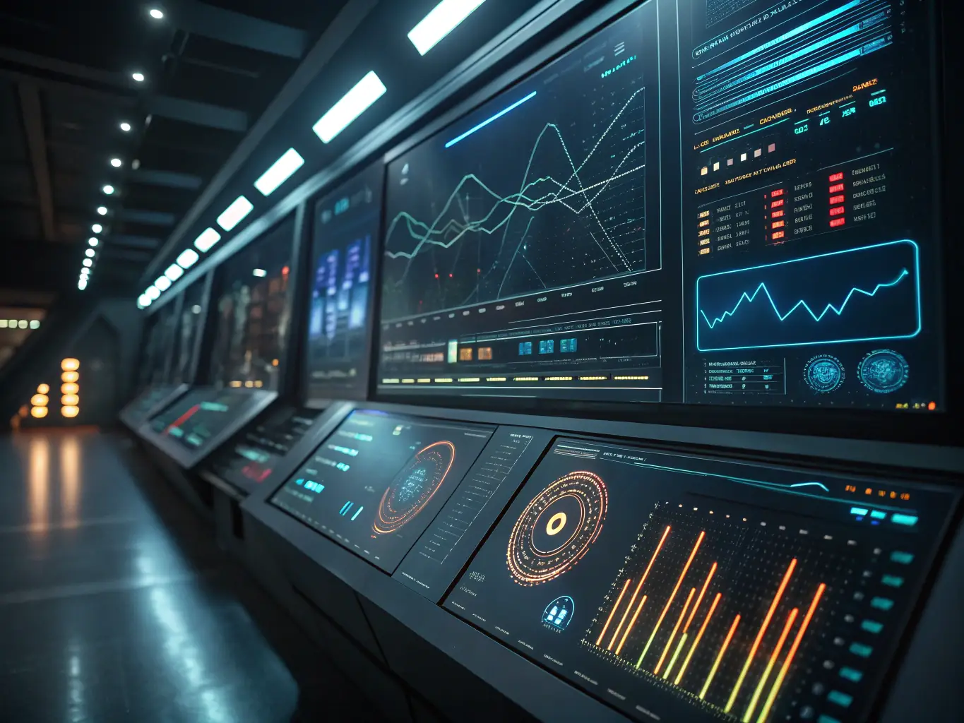 An image showing a futuristic interface with various charts and graphs, representing the AI's predictive capabilities. The interface is clean and modern, with a focus on data visualization.