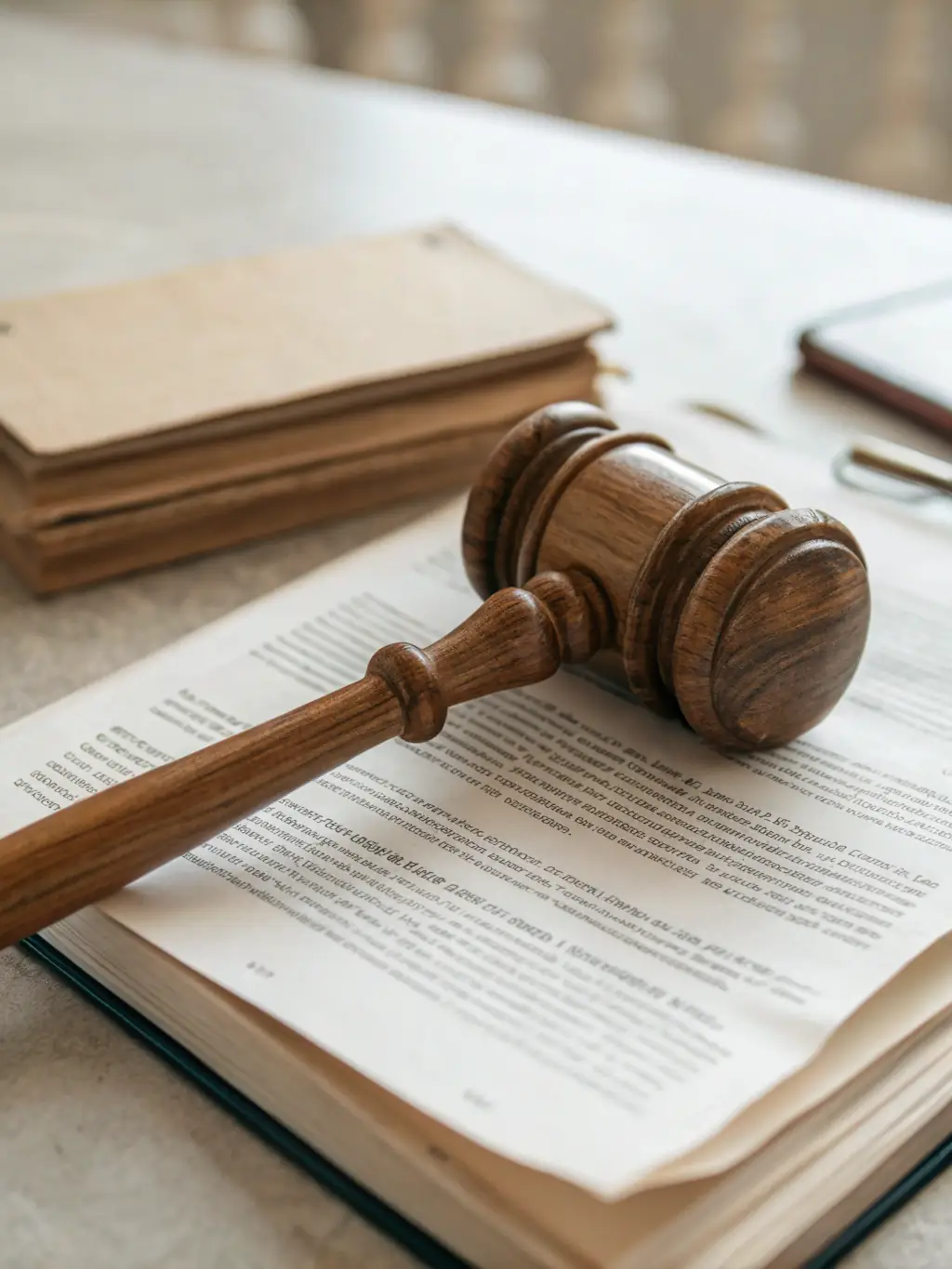 A gavel striking a sound block in a courtroom, symbolizing legal risks and the importance of compliance in AI governance for law firms.
