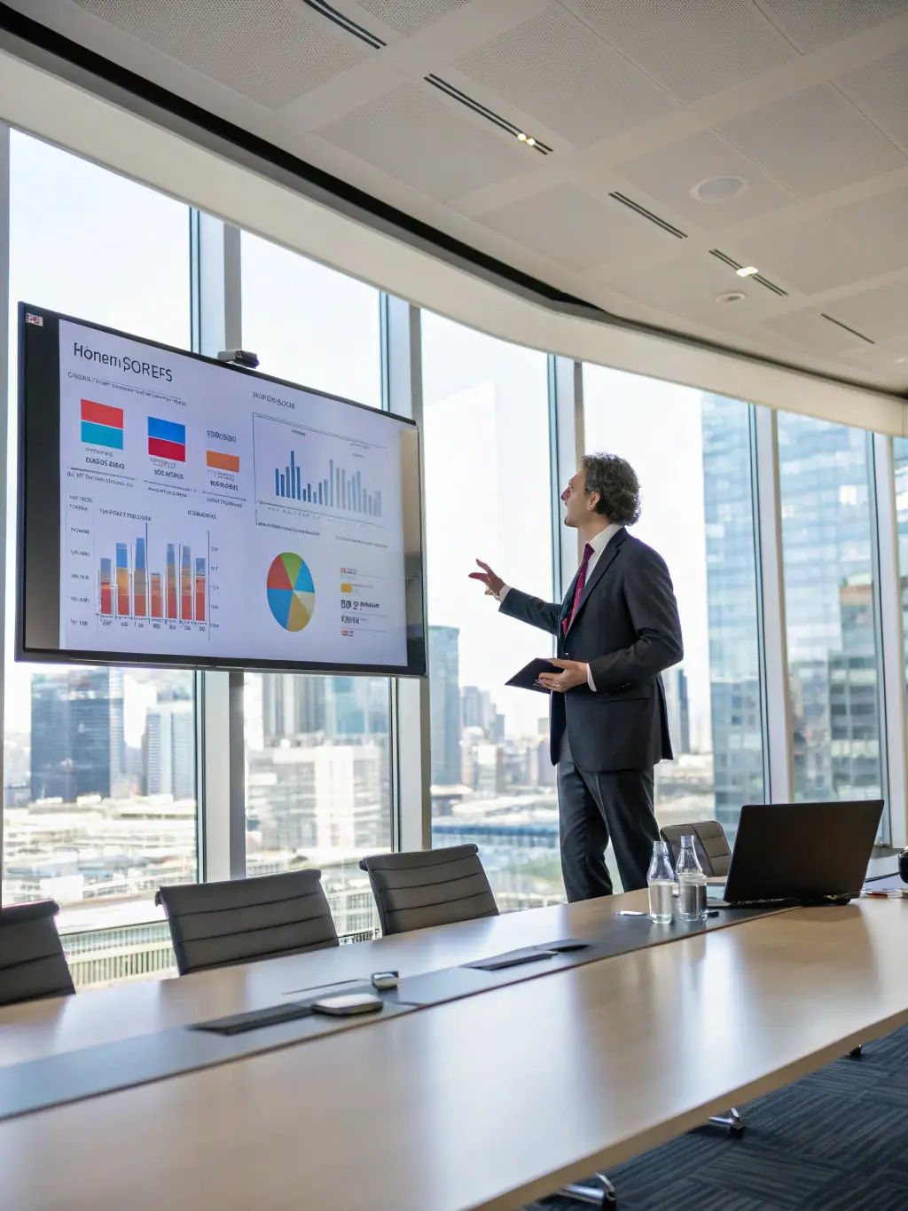 A consultant presenting a report on operational efficiency improvements to a client, showcasing data-driven insights and recommendations for AI-driven optimization.