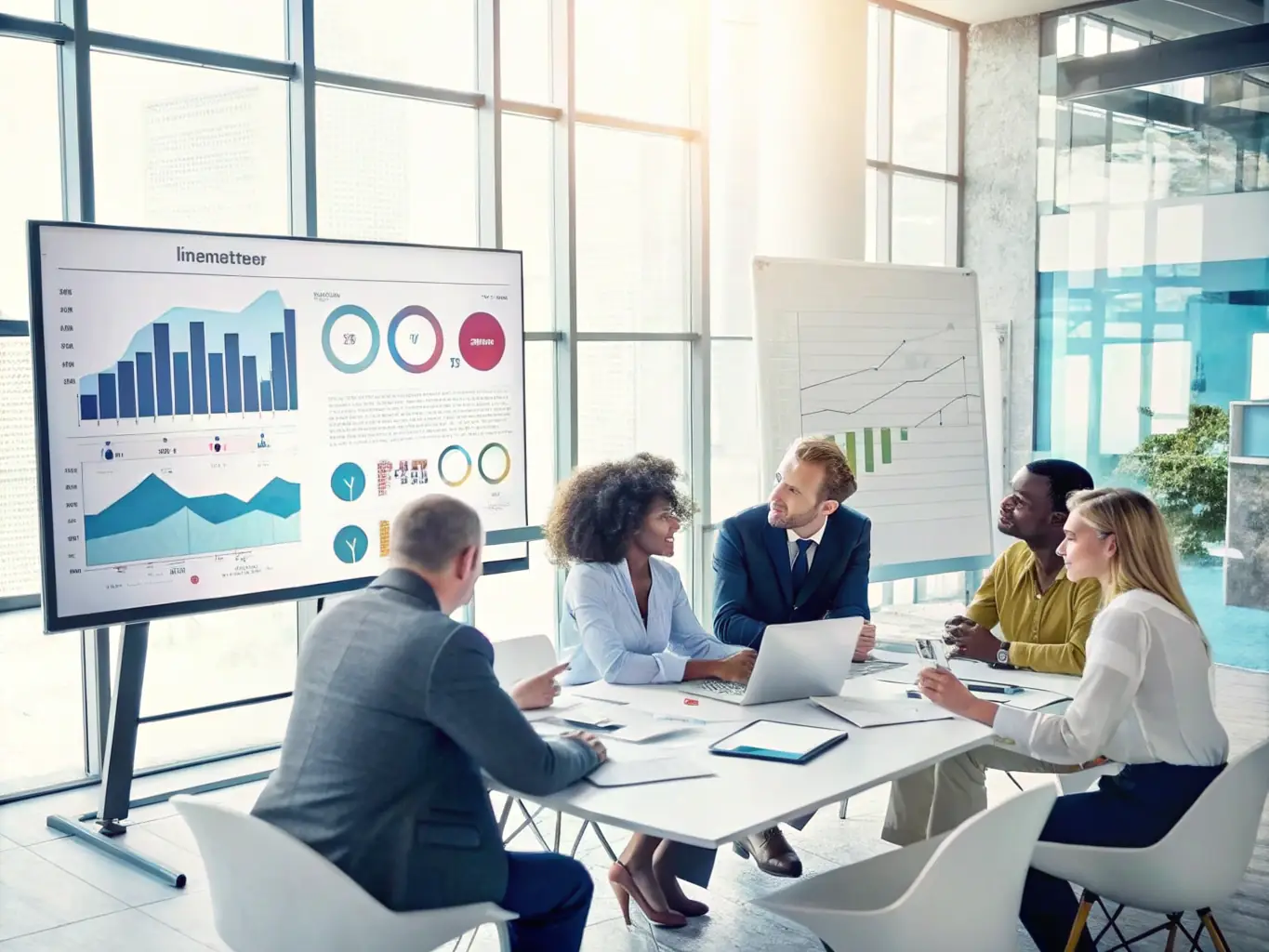 A dynamic, medium shot of a team collaborating in a modern office space, with charts and graphs visible in the background, illustrating business operations support.