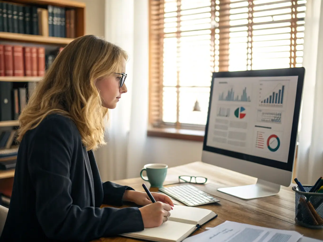 A focused lawyer deeply engaged in legal research and analysis, with technology tools supporting their work, representing enhanced focus on core legal practice.