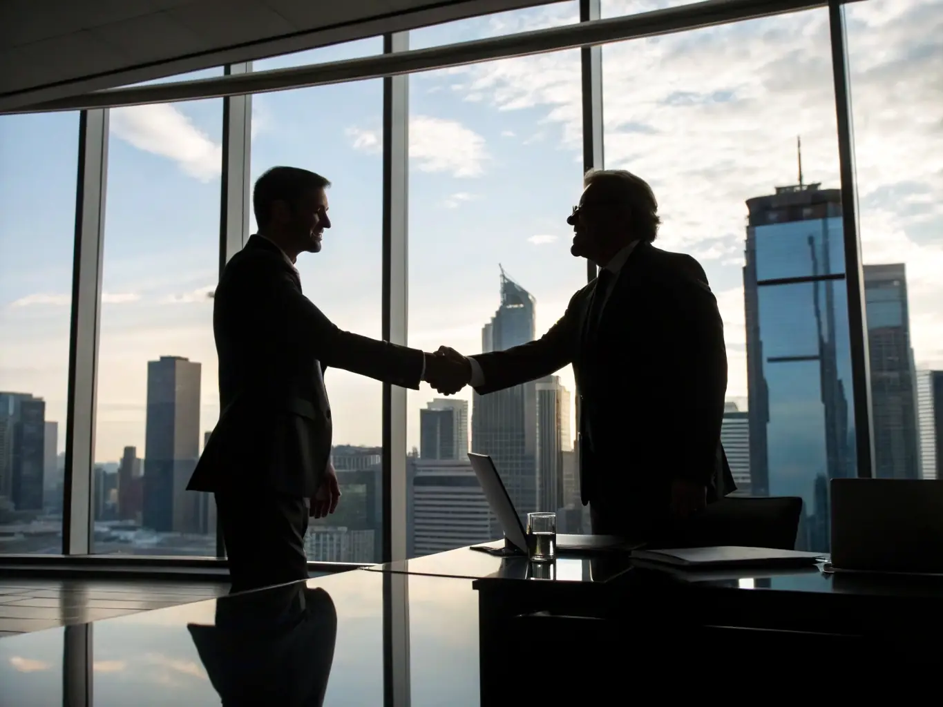 A professional photograph of a lawyer and a trustee shaking hands over legal documents in a modern office setting, representing trustee representation support.