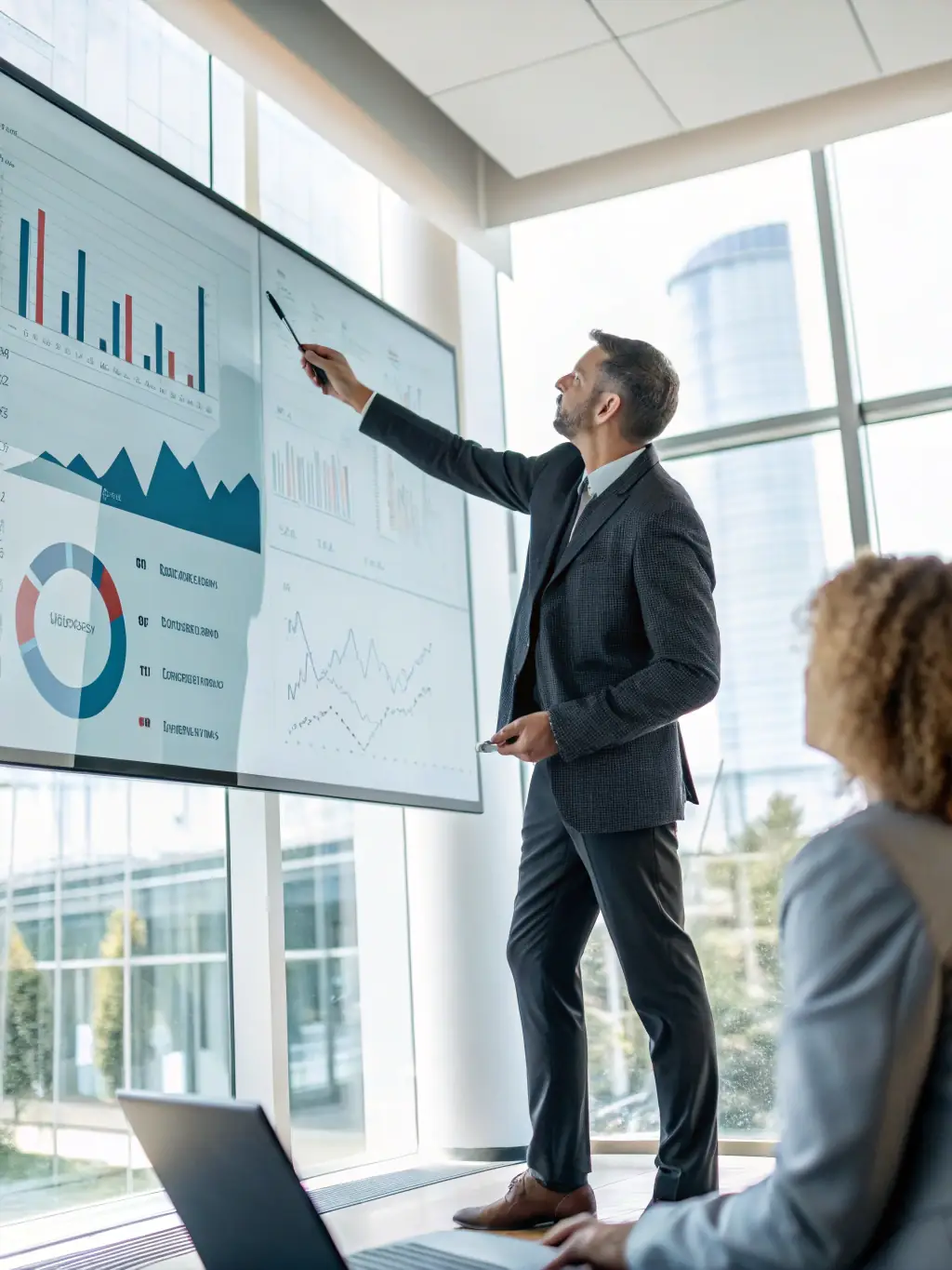 A business executive confidently presenting a growth chart powered by AI insights, showcasing the positive impact of AI adoption on business performance and revenue generation.