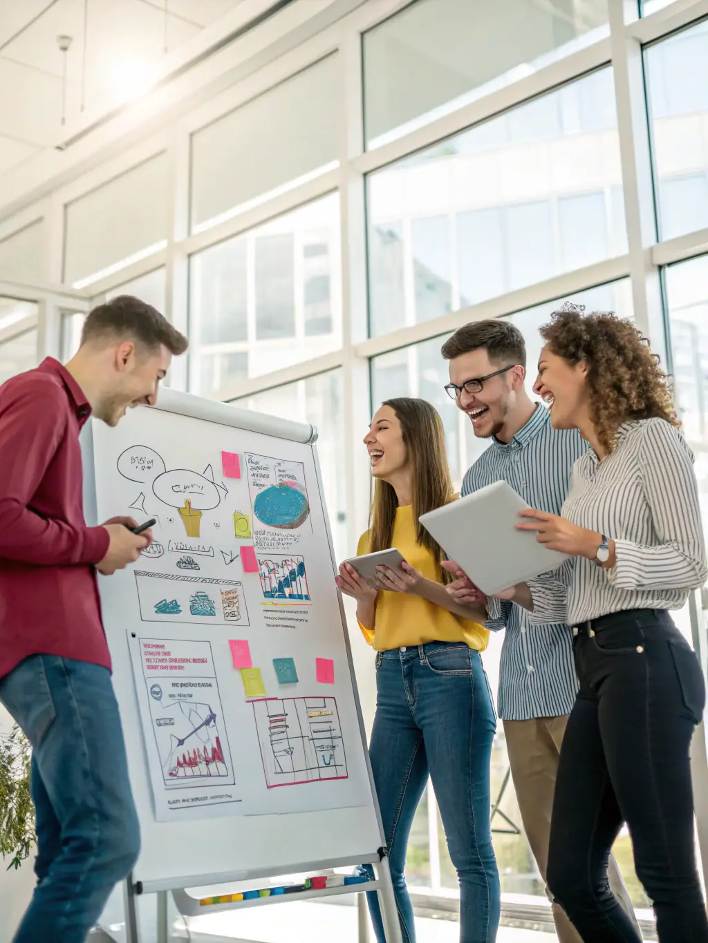 A diverse team of consultants brainstorming around a table, sketching ideas on a whiteboard, representing ARH Consulting's multidisciplinary approach to problem-solving.