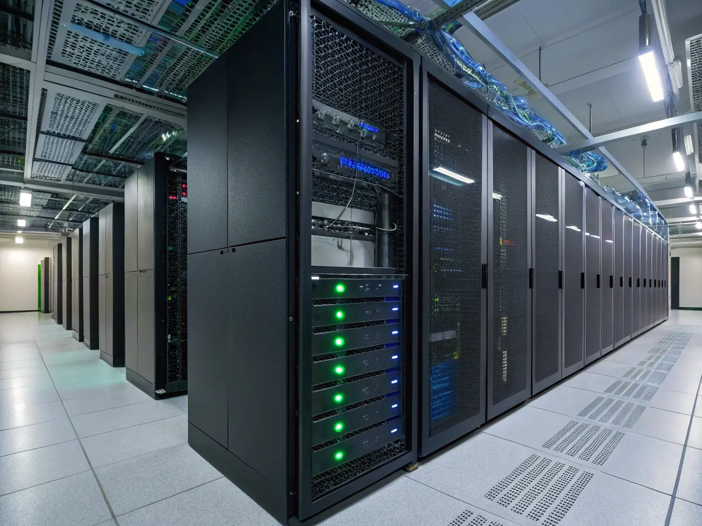 A secure data center with servers processing legal data, highlighting the importance of data security and privacy in AI implementation for law firms.
