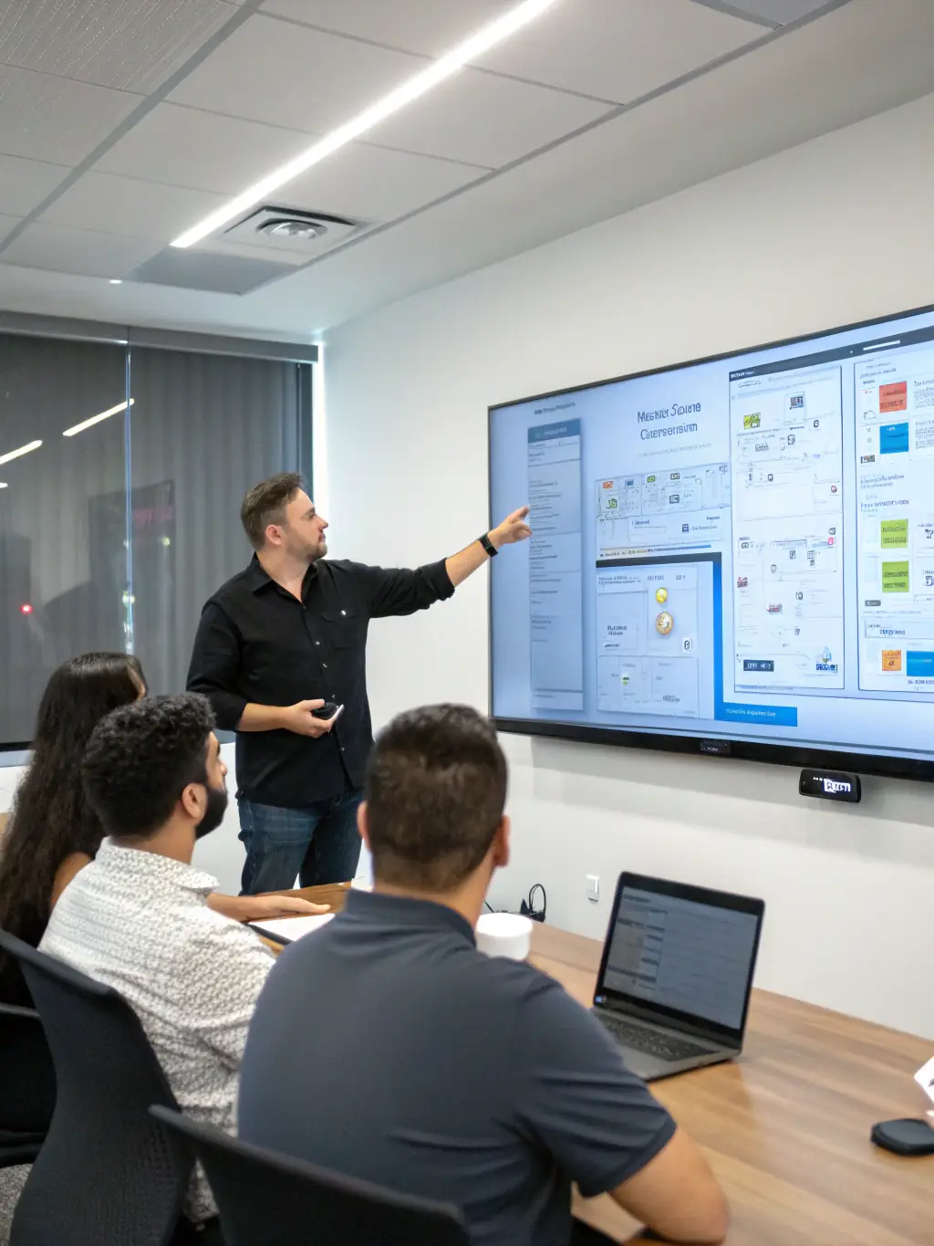 A trainer leading a workshop on AI tools and techniques for a group of professionals, using interactive exercises and real-world examples. The image should convey engagement and practical learning.