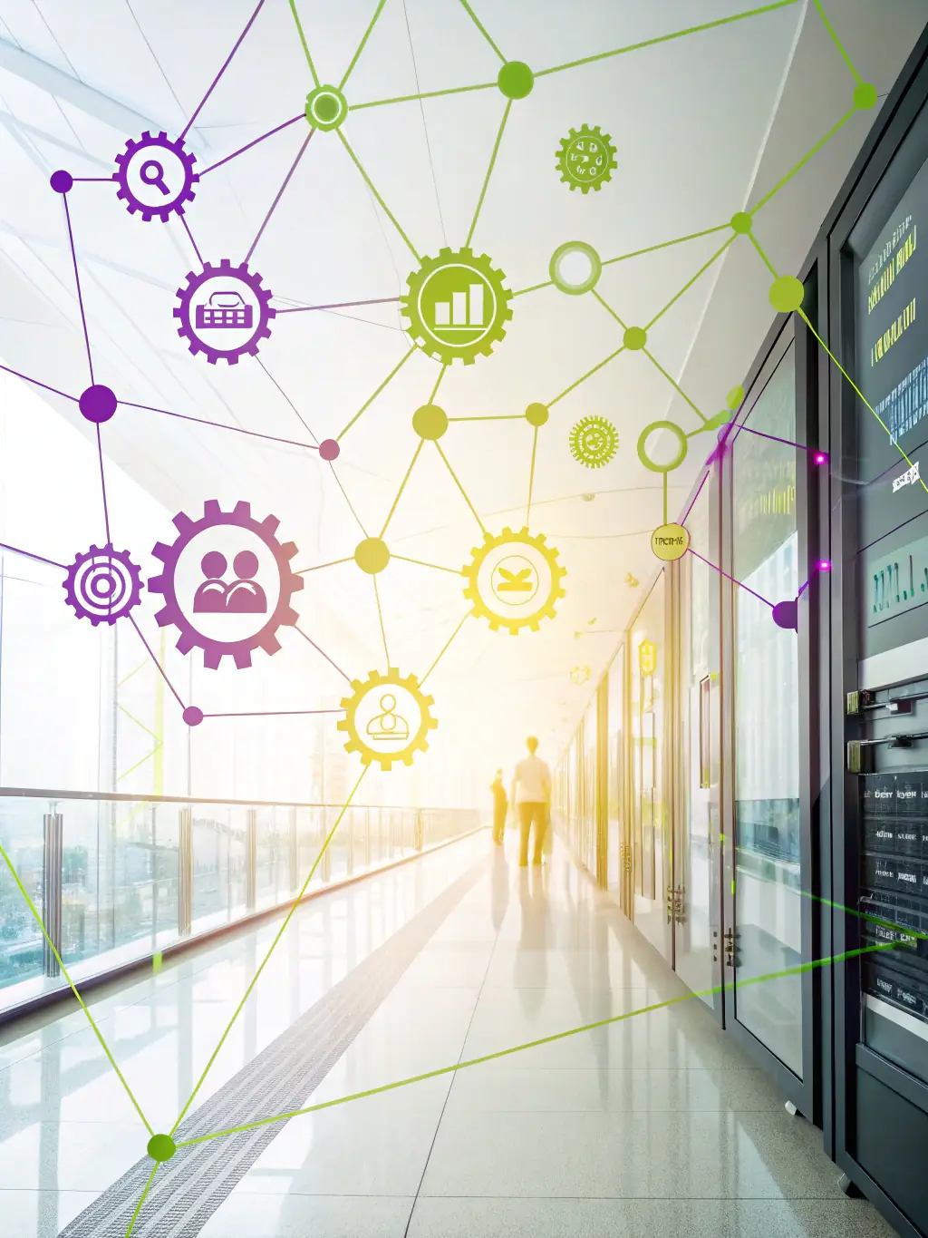 A digital illustration of interconnected business processes being optimized by AI, showcasing seamless data flow and automated decision-making.