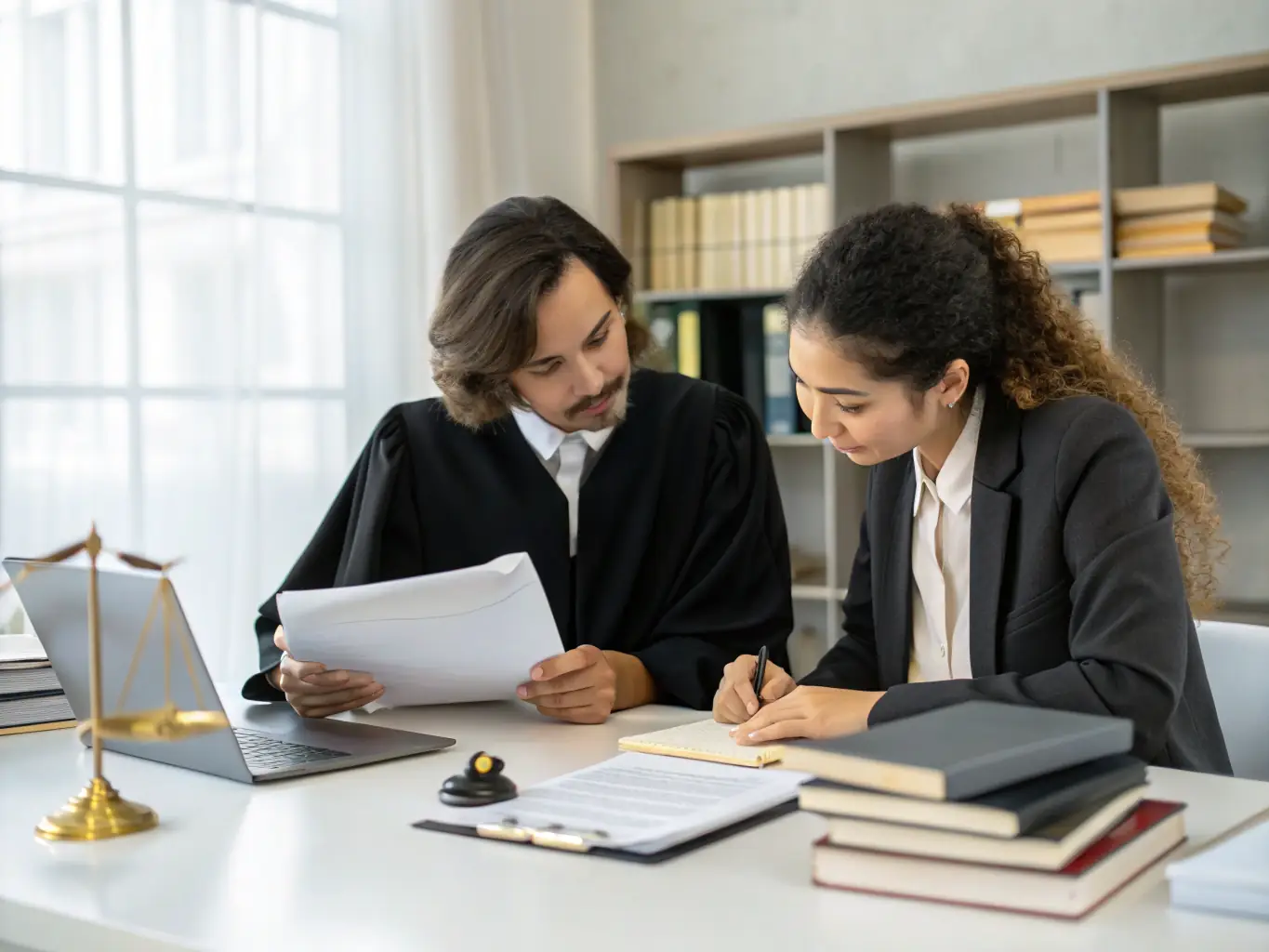 A close-up, warm-toned image of legal documents being reviewed by two professionals in a well-lit office, representing probate and trust transition services.