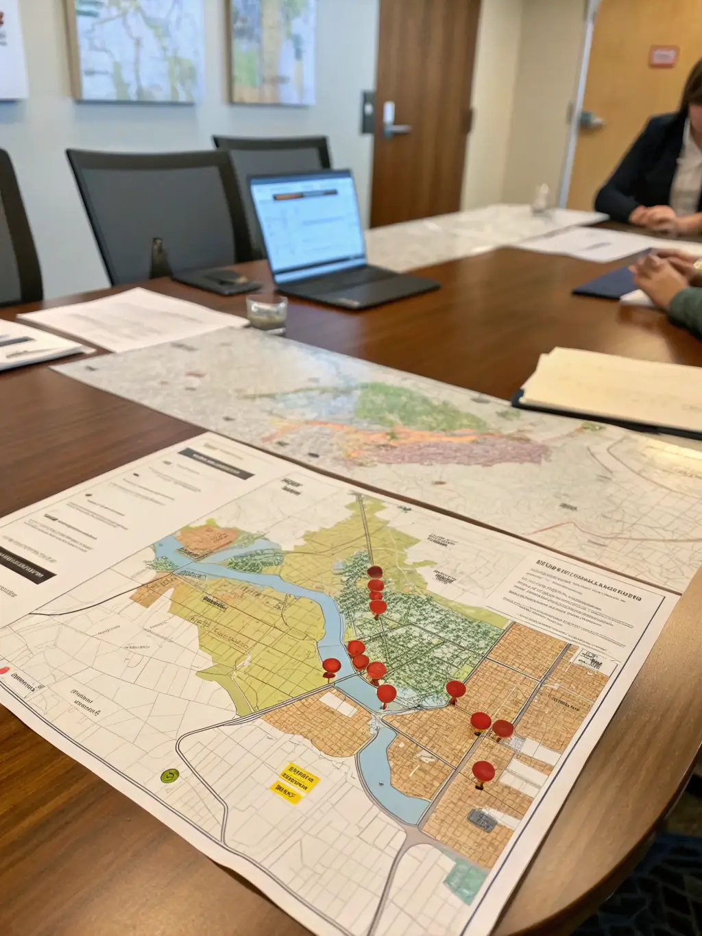 A detailed map of the local real estate market is displayed, highlighting key investment opportunities and trends, with a magnifying glass focusing on a specific area.
