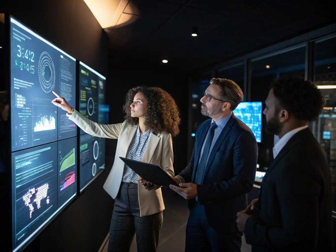 A team of consultants collaborating around a large interactive display showcasing AI-driven insights and recommendations for a client project.