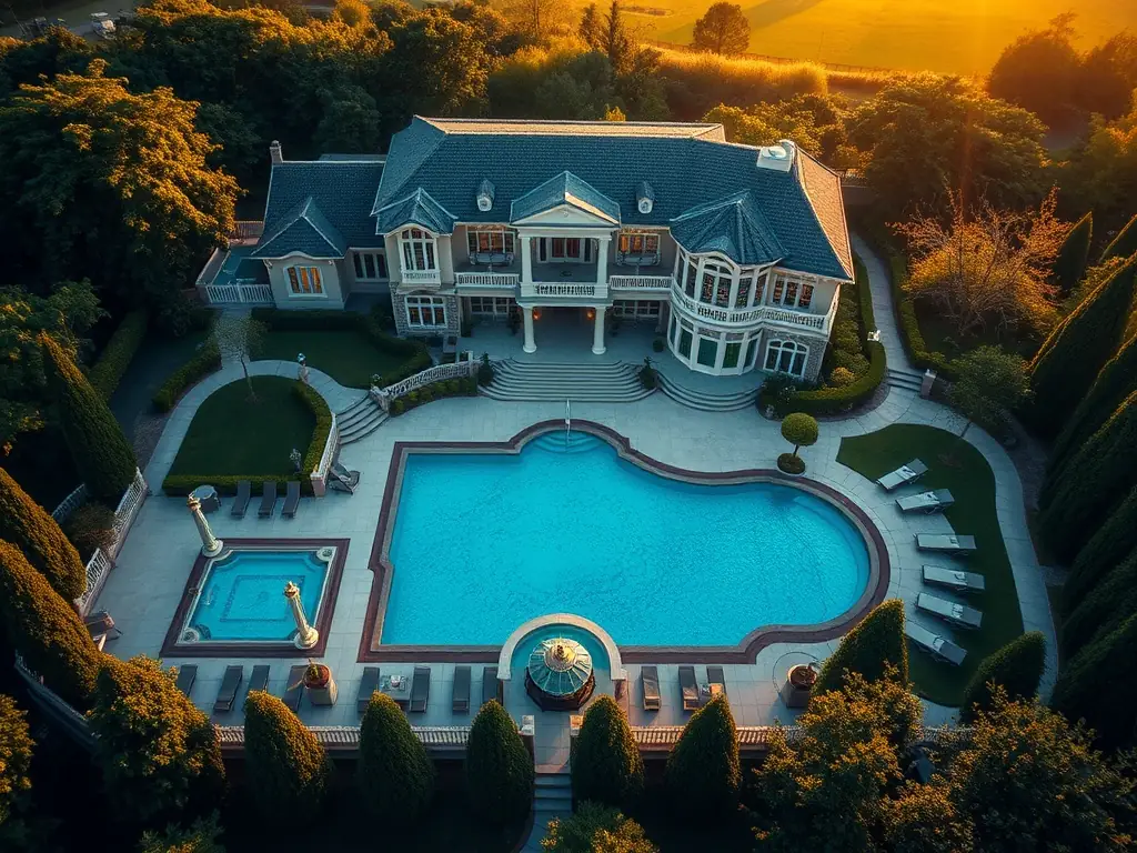 A high-angle, sunlit, wide shot of a luxury home's exterior, showcasing its well-maintained landscaping and architectural details, symbolizing real estate oversight services.