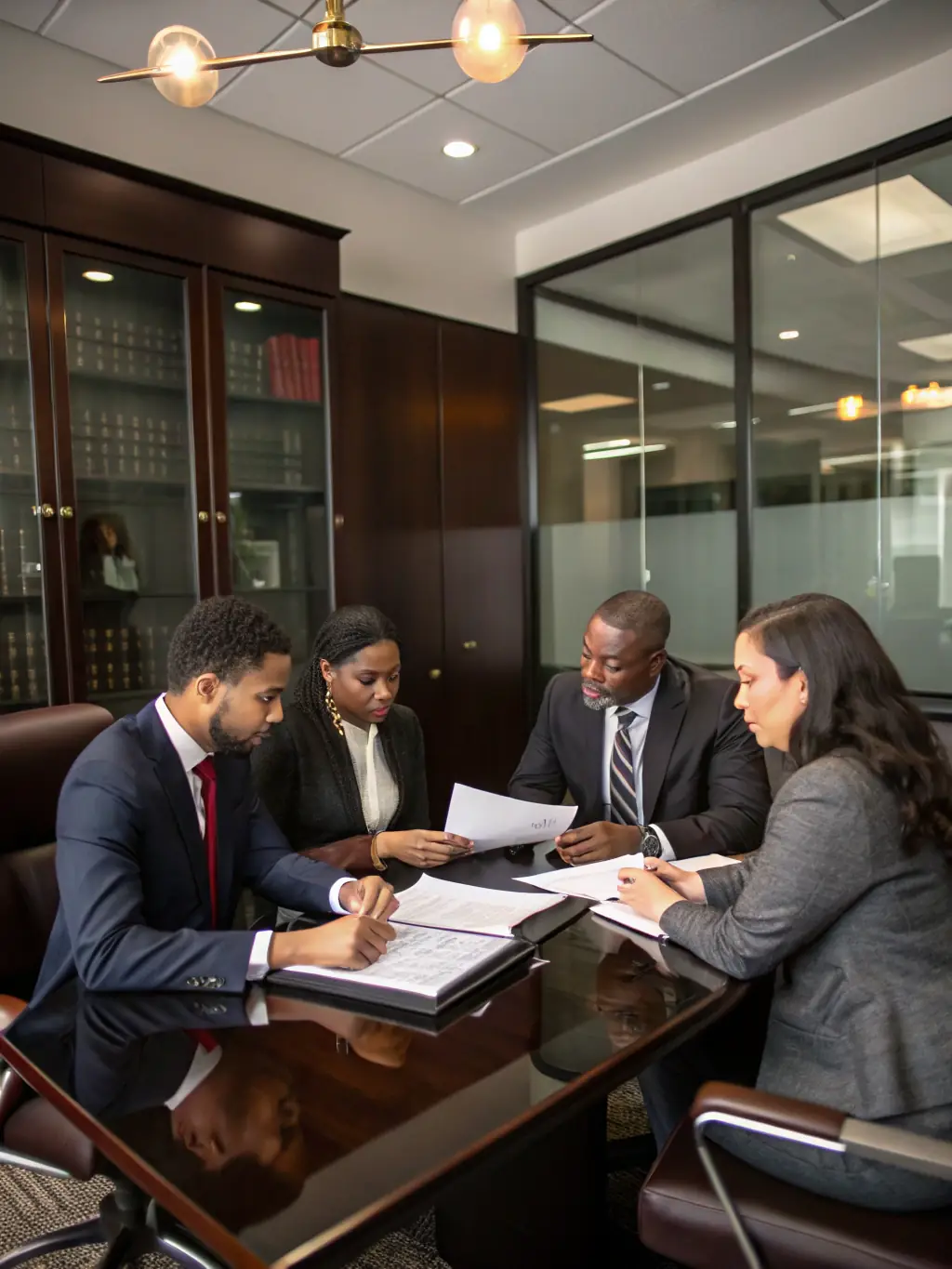 A modern law firm office with lawyers collaborating around a table, discussing strategic plans and data analytics on a large screen.